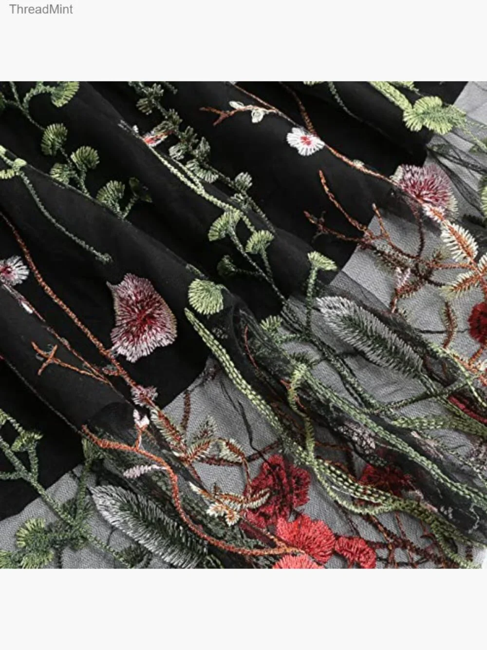 Vintage Floral Embroidered Tulle Midi Skirt Elastic High Waist A-line Swing - Picture 3 of 6